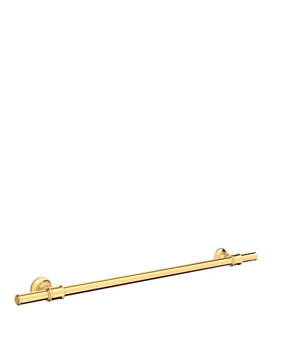 Golden polished towel holder with circular mounts, designed by AXOR, featuring a sleek and minimalist style suitable for modern bathrooms.